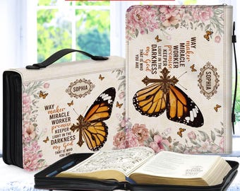 Personalized Bible Cover Custom Name, Christian Gift, Leather Bible Case, Way Maker Miracle Worker, Butterfly Floral Bag