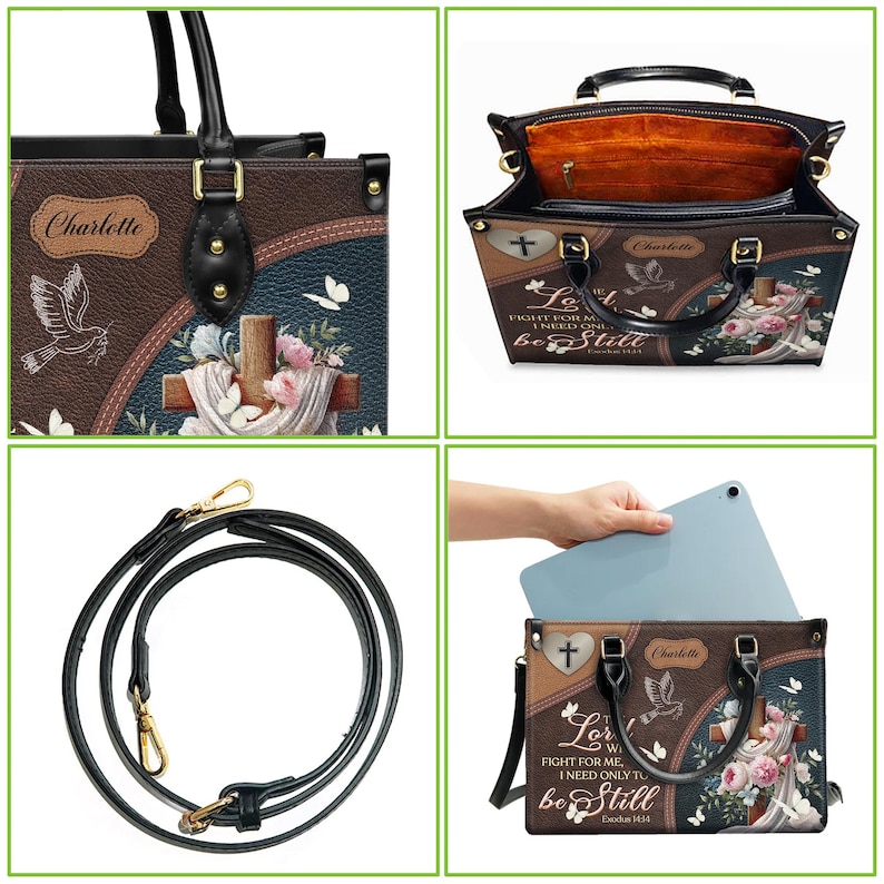 A clear, high-quality image of the 'Be Still' scripture handbag made from faux leather. This religious tote bag for women is customizable with a name and includes a detachable shoulder strap for versatile wear as a faith-based gift