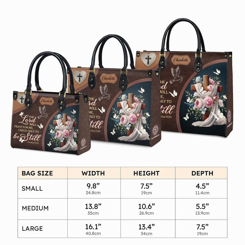 A detailed size chart infographic for the personalized Christian handbag. It shows the tote bag in three available sizes: Small, Medium, and Large, with exact dimensions for width, height, and depth listed in both inches and centimeters.