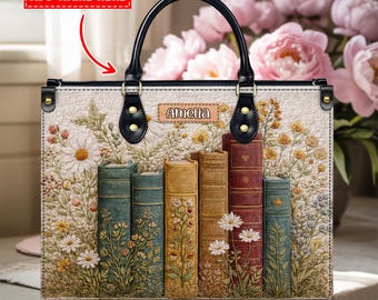 Bolso de mano personalizado para amantes de los libros con nombre personalizado – Bolso de cuero con diseño floral vintage – Regalo para amantes de la fantasía y la lectura