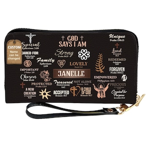 Cartera cristiana de cuero personalizada para mujer: cartera con nombre personalizado, cartera pequeña para mujer, diseño inspirador de fe.