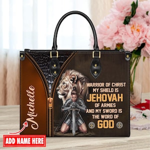 Personalized Leather Handbag Custom Name, Christian Gift, Gifts for Women, Warrior of Christ Floral Bag, Lion & Sword Design