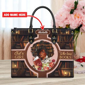 Custom Afro Girl Leather Handbag, Personalized Book Lover Purse with Cat and Flowers, Gift for Women Who Love Reading
