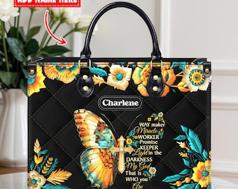 Way Maker Miracle Worker Tote, Personalized Christian Bag with Name, Faux Leather Butterfly Cross Purse, Religious Gift for Her