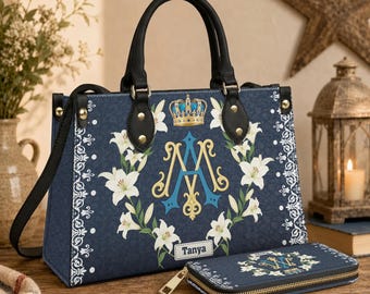 Bolso de cuero personalizado con nombre personalizado, regalo para mujer, bolso con diseño mariano católico, bolso inspirado en la fe espiritual, accesorio religioso