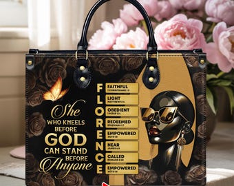 Bolso de cuero cristiano personalizado: Quien se arrodilla ante Dios puede estar ante cualquiera. Bolso con nombre cristiano personalizado. Regalo para cristianos.