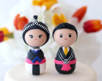 Hmong bride and groom wedding cake topper kokeshi figurines