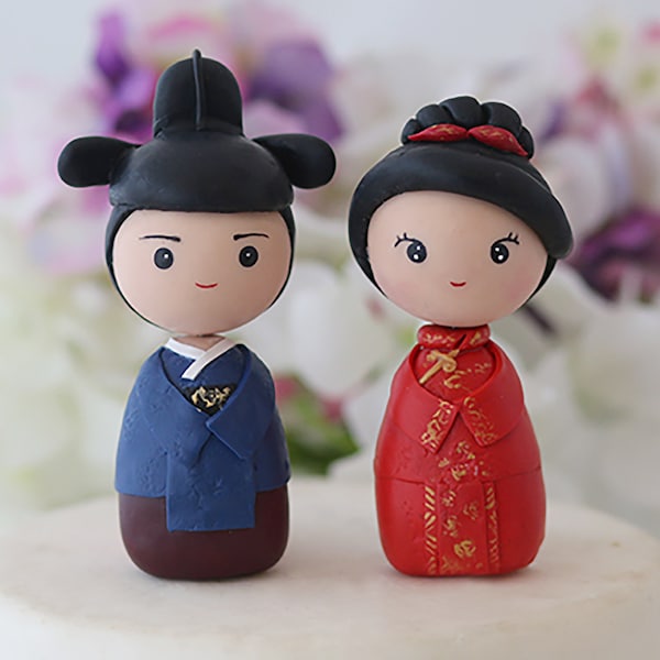 Chinese bride and Korean groom wedding cake topper kokeshi figurines