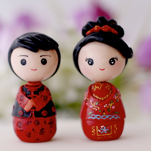 Chinese bride and groom wedding cake topper kokeshi figurines