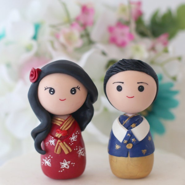 Chinese bride and Korean groom wedding cake topper kokeshi figurines