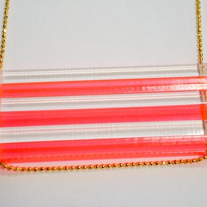 Neon Geometric Laser Cut Necklace Neon Pink and Clear Long Acrylic Bar Beads Long Gold Chain image 1