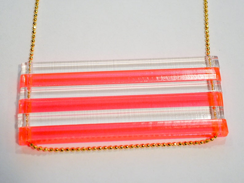 Neon Geometric Laser Cut Necklace Neon Pink and Clear Long Acrylic Bar Beads Long Gold Chain image 1