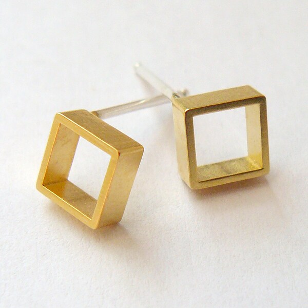 Gold Square Earring Studs - Tiny Geometric Jewelry - Gold Stud Earrings - Small Open Square Earrings - Handmade in NYC - Hook and Matter