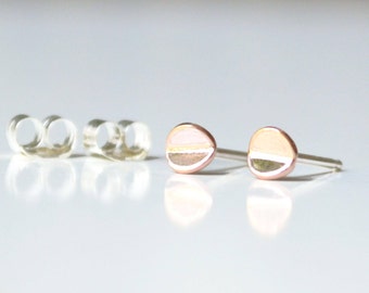 Tiny Rose Gold Circle Stud Earrings - Mini Pink Gold Bent Circles - Second Hole, Lightweight, Everyday, Folded Origami Jewelry Made in NYC