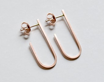 14k Rose Gold Drop Earrings - Solid Rose Gold Dangle - J Bar Earrings - Delicate 14 Kt Faux Hoops with Posts - Handmade by Hook And Matter