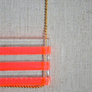 Neon Geometric Laser Cut Necklace Neon Pink and Clear Long Acrylic Bar Beads Long Gold Chain image 2