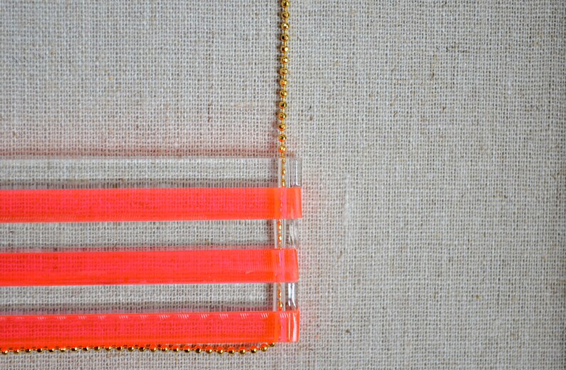 Neon Geometric Laser Cut Necklace Neon Pink and Clear Long Acrylic Bar Beads Long Gold Chain image 2