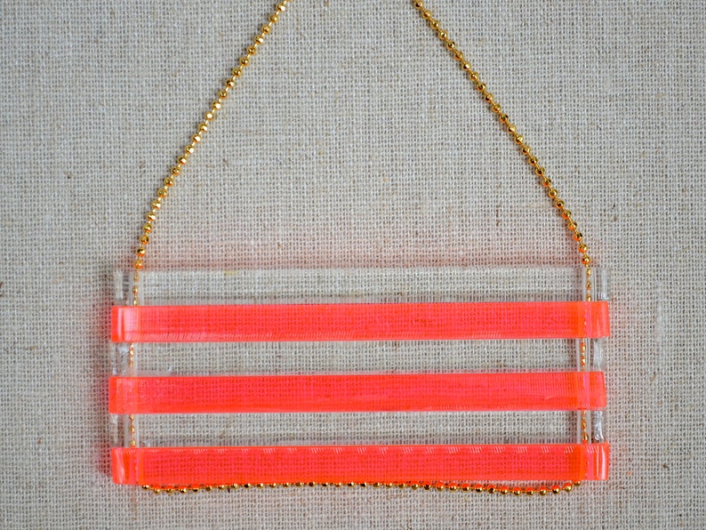 Neon Geometric Laser Cut Necklace Neon Pink and Clear Long Acrylic Bar Beads Long Gold Chain image 5