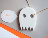 SALE - Spooky Halloween White Ghost Necklace - Modern Laser Cut Acrylic Pendant - Boo Gold Chain - Fall Fashion