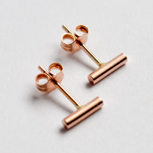 14K Rose Gold Bar Earrings Minimalist Ecofriendly 14 K Rose Etsy