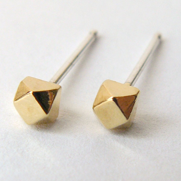 Gold Faceted Stud Earrings - Geometric Second Hole Cube Earings - Tiny Diamond Shape - Cartilage Studs - Eco Friendly and Ethical Jewelry