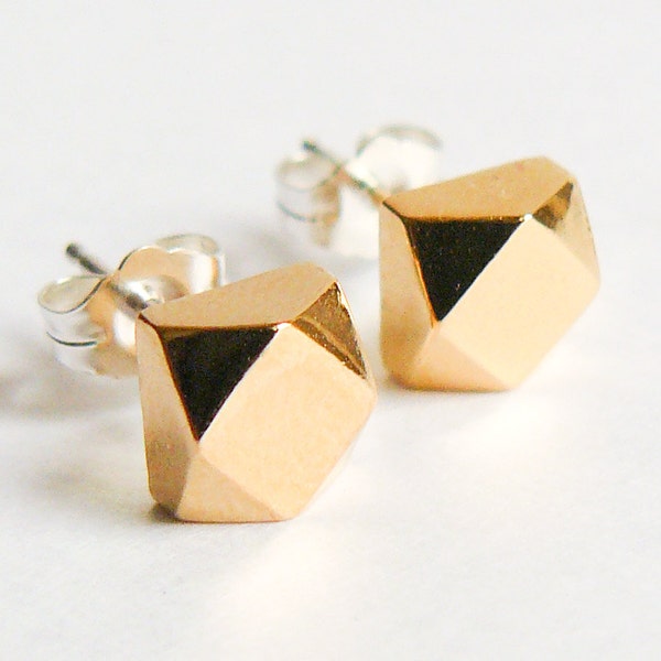 Gold Stud Earrings - Faceted Chunky Geometric Studs - Eco Friendly Everyday Earings - Faux Diamond Jewelry - by Hook And Matter