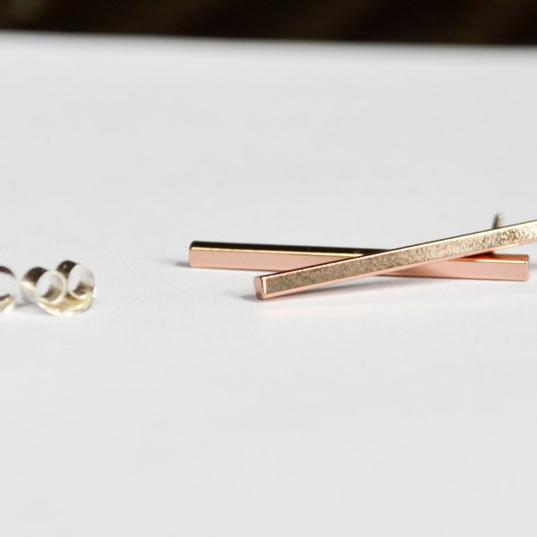 Rose Gold Bar Earrings - Minimalist Square Line Bar Studs - Medium Pink Gold Dangle Earings - Dangle Drop Line Earrings - HookAndMatter NYC