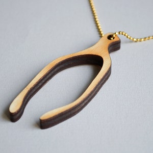 Wooden Thanksgiving Wishbone Necklace Lucky Laser Cut Wood Charm Long Gold Chain Good Luck Pendant Jewellery Make a Wish image 2