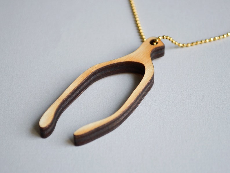 Wooden Thanksgiving Wishbone Necklace Lucky Laser Cut Wood Charm Long Gold Chain Good Luck Pendant Jewellery Make a Wish image 2