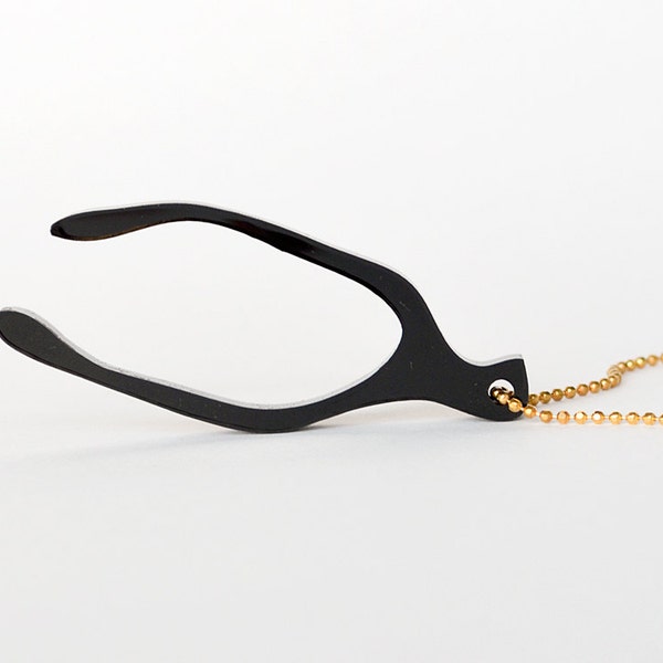Black and Gold Wishbone Necklace - Lucky Laser Cut Good Luck Charm Jewelry - Long Gold Chain Thanksgiving Make A Wish by Hook And Matter NYC