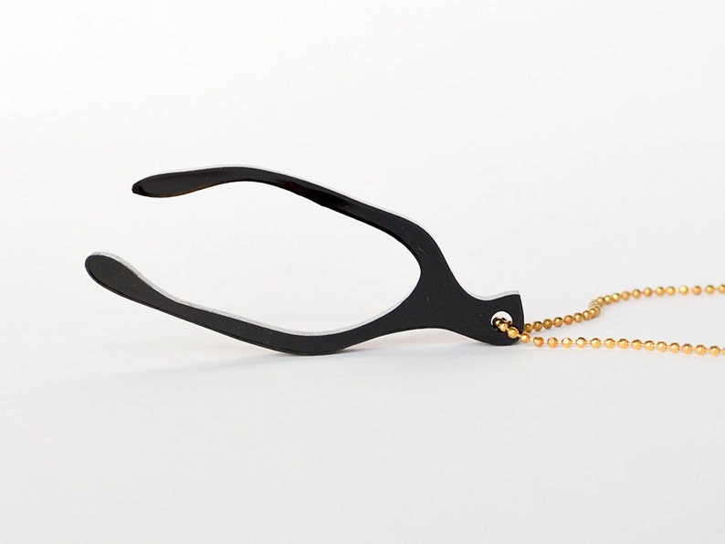 Black and Gold Wishbone Necklace Lucky Laser Cut Good Luck Charm Jewelry Long Gold Chain Thanksgiving Make A Wish by Hook And Matter NYC image 1