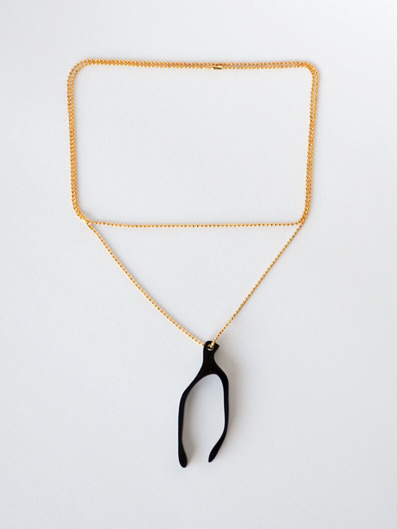 Black and Gold Wishbone Necklace Lucky Laser Cut Good Luck Charm Jewelry Long Gold Chain Thanksgiving Make A Wish by Hook And Matter NYC image 3
