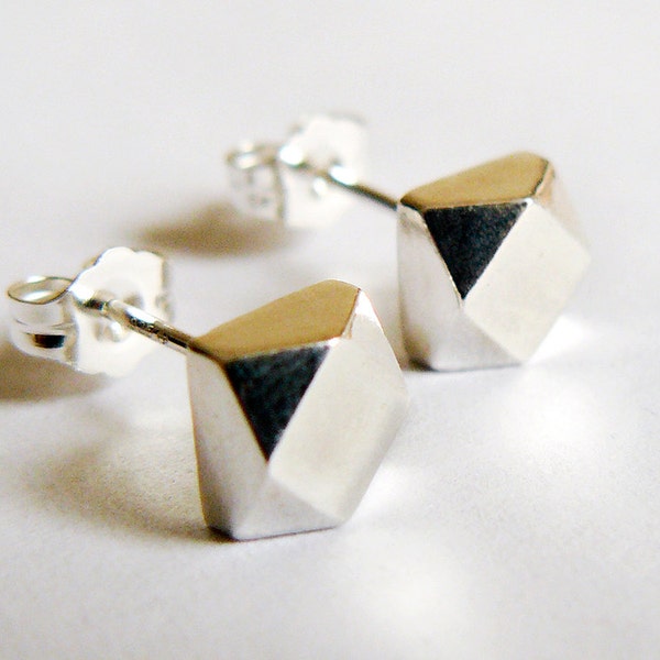 Geometric Sterling Silver Stud Earrings - Chunky Faceted Earrings - Ethical Eco Friendly Recycled Sterling Jewelry Handmade by HookAndMatter