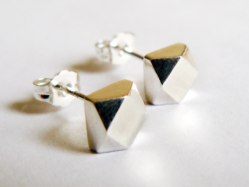 Geometric Sterling Silver Stud Earrings Chunky Faceted Earrings Ethical Eco Friendly Recycled Sterling Jewelry Handmade by HookAndMatter image 1