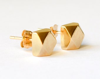 14K Gold Stud Earrings - Geometric Faceted Solid 14 Karat Gold Earrings - Eco Friendly Ethically Sourced Jewelry Handmade by HookAndMatter