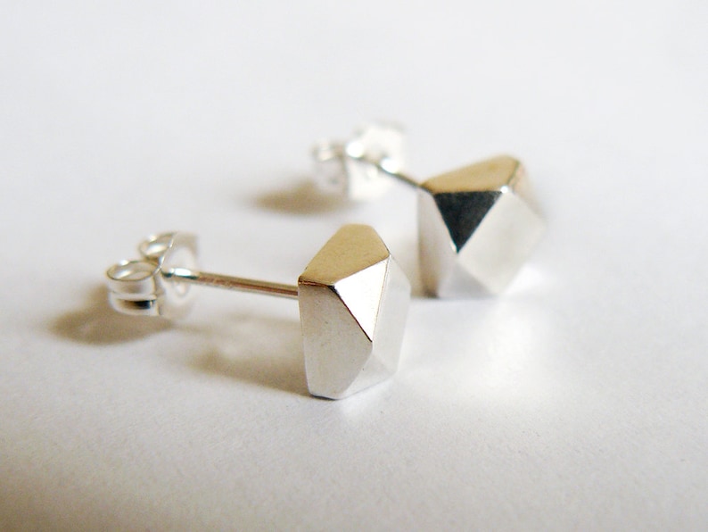 Geometric Sterling Silver Stud Earrings Chunky Faceted Earrings Ethical Eco Friendly Recycled Sterling Jewelry Handmade by HookAndMatter image 2