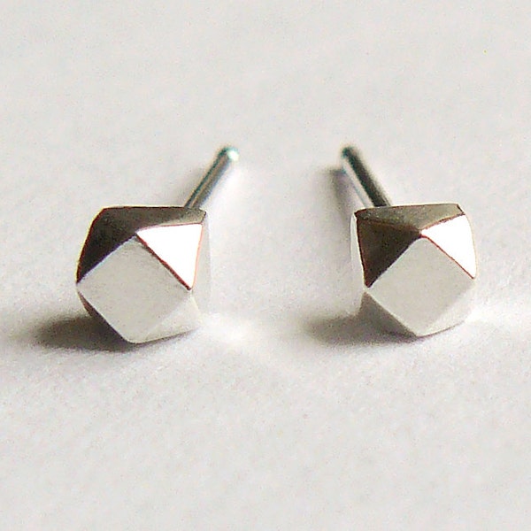 Silver Stud Earrings - Tiny Faceted Sterling Silver Second Hole or Cartilage Studs - Nickel Free Geometric Jewelry - Ethical Eco Friendly