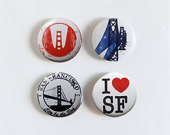 I Love San Francisco - Collection of Four Pin Back Buttons, 1" badges, souvenir, California Bay Area Golden Gate Bridge, Perfect Gift Set