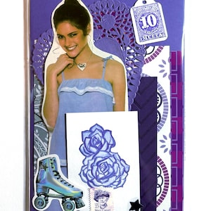 Mystery ephemera pack in Purple, showing vintage texts, picture of a woman in purple tank top, decorative papers, art print of purple roses, cancelled postage stamp, and stickers.