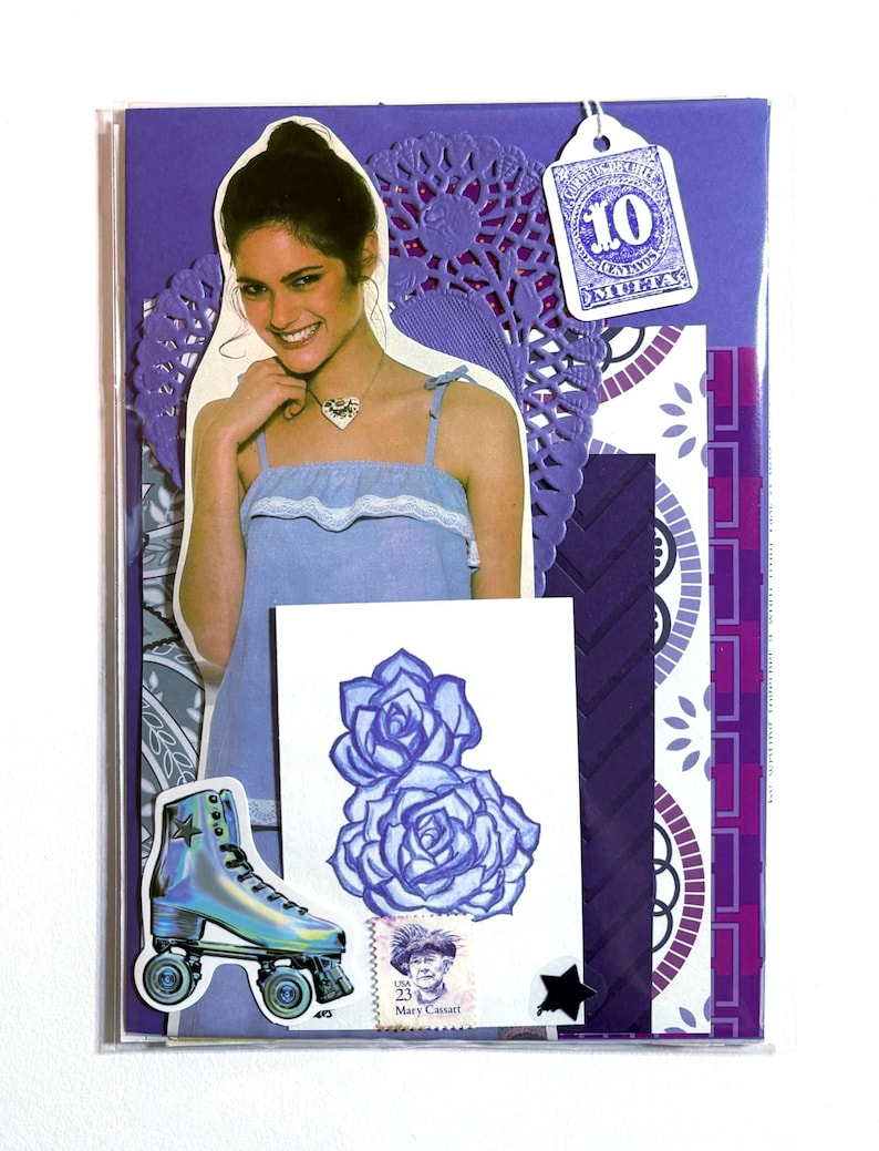 Mystery ephemera pack in Purple, showing vintage texts, picture of a woman in purple tank top, decorative papers, art print of purple roses, cancelled postage stamp, and stickers.