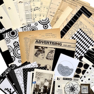 Examples of what's included in mystery ephemera pack in Black and White, showing vintage texts, decorative papers, art print with waves, SF Muni to BART paper transfer, scrapbook paper, sheets of music, patterned paper, and vintage advertisements. There are also black and white patterned cards, a photograph of two women, vintage Pantone pages, white and black stickers, and playing cards.