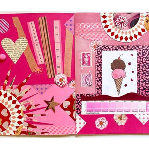 Example of junk journal pages using Pink ephemera kit. The background is various shades of pink decorative papers. There are strips of vintage sewing patterns, a heart cut from a vintage book page, and a starburst pattern made with pink foil wrapping paper and a pattern from a box of cookies. There's a print of an ice cream cone with a scoop of strawberry ice cream and a scoop of chocolate ice cream with a cherry on top. There are pink cancelled postage stamps, plus flowers and stars.