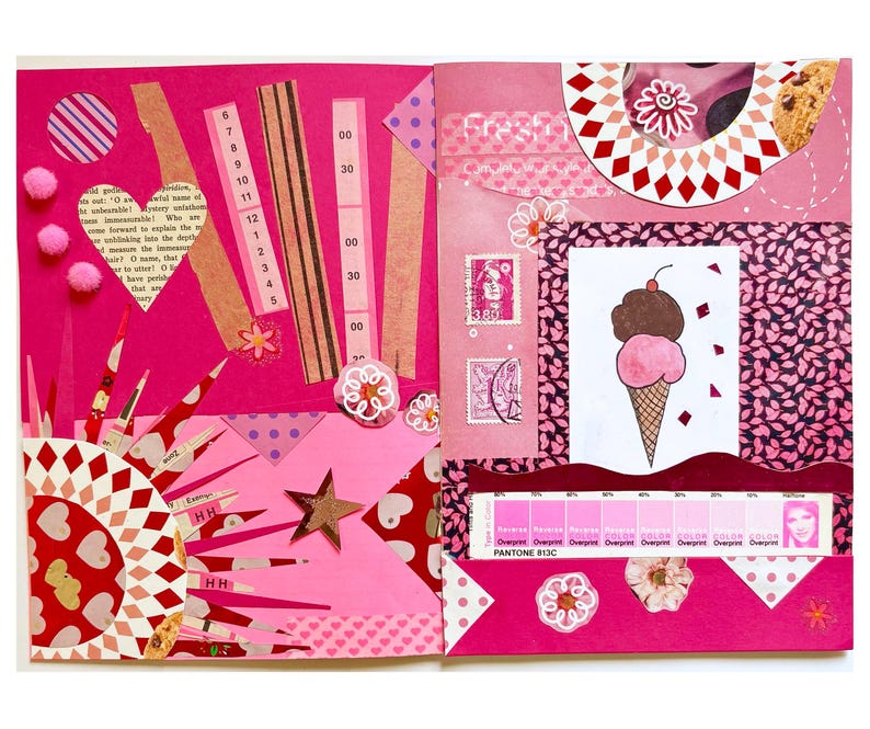 Example of junk journal pages using Pink ephemera kit. The background is various shades of pink decorative papers. There are strips of vintage sewing patterns, a heart cut from a vintage book page, and a starburst pattern made with pink foil wrapping paper and a pattern from a box of cookies. There's a print of an ice cream cone with a scoop of strawberry ice cream and a scoop of chocolate ice cream with a cherry on top. There are pink cancelled postage stamps, plus flowers and stars.