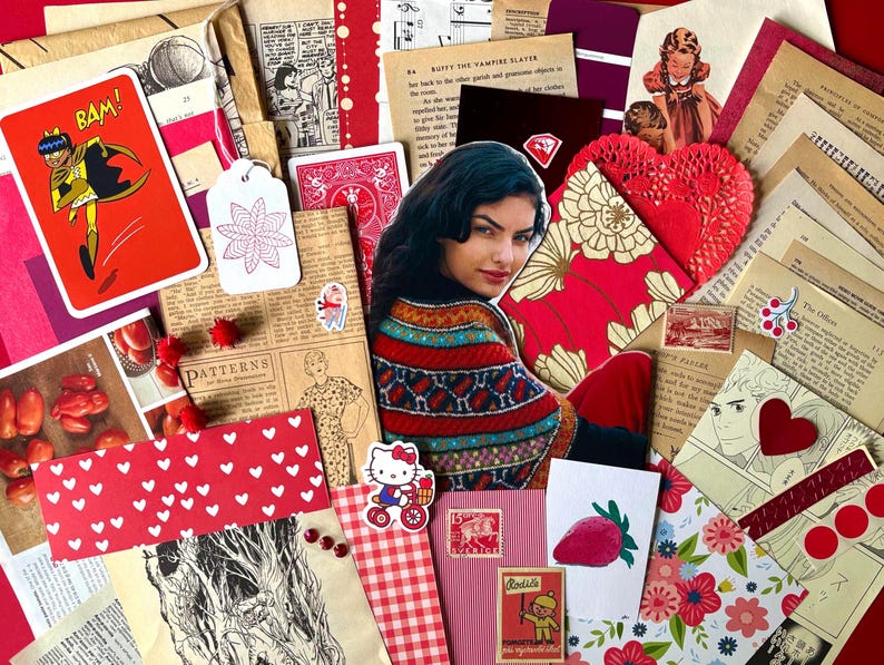 May include: A collage of vintage ephemera in shades of red, pink, and cream. Includes a playing card with a superhero illustration, a heart-shaped doily, and a portrait of a woman. Various paper scraps, stickers, and illustrations are scattered throughout.