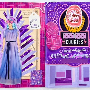 Example of junk journal pages using Purple ephemera kit. The left side uses a vintage dictionary page as a background with a woman wearing a purple gown on top. She has purple stars over her eyes and strips of ribbon and paper sticking out from behind her in a starburst pattern.  The right side uses a purple cookie bag as the background, with pink circles on top and a sticker of a mouth with a disco ball between the teeth. Underneath are random rectangles of purple papers.