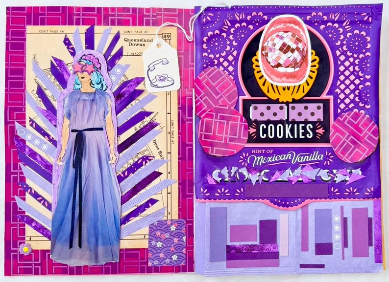 Example of junk journal pages using Purple ephemera kit. The left side uses a vintage dictionary page as a background with a woman wearing a purple gown on top. She has purple stars over her eyes and strips of ribbon and paper sticking out from behind her in a starburst pattern.  The right side uses a purple cookie bag as the background, with pink circles on top and a sticker of a mouth with a disco ball between the teeth. Underneath are random rectangles of purple papers.