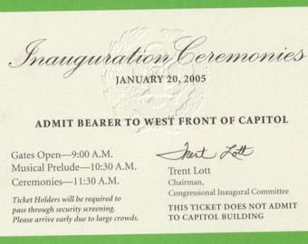 George W Bush 2005 Official Inauguration Green Ticket, Front of Capital, 1/20/25