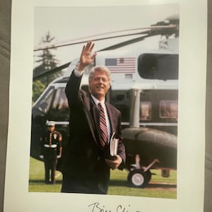 President Bill Clinton photo color print, waving with a helicopter