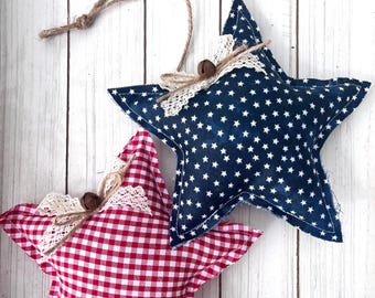 4th of July Rustic Primitive Hanging Stars | Red Gingham