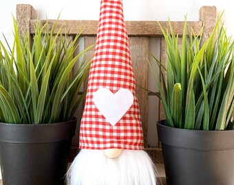 11” Mini Tall Hat Heart Red Gingham Gnome, Boy or Girl